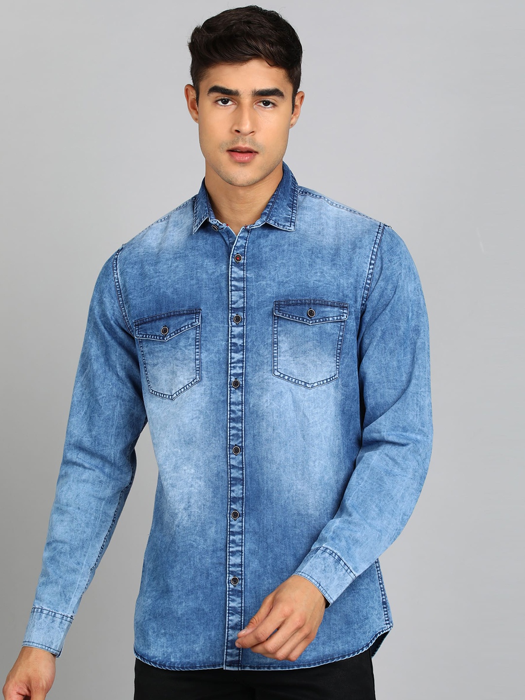 

Urbano Fashion Long Sleeves Slim Fit Faded Denim Casual Shirt, Blue