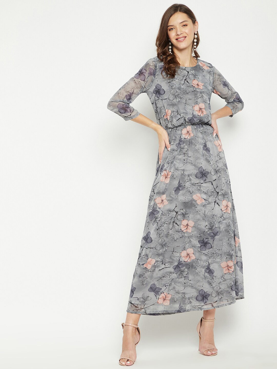 

PURYS Floral Print Georgette Maxi A-line Dress, Grey