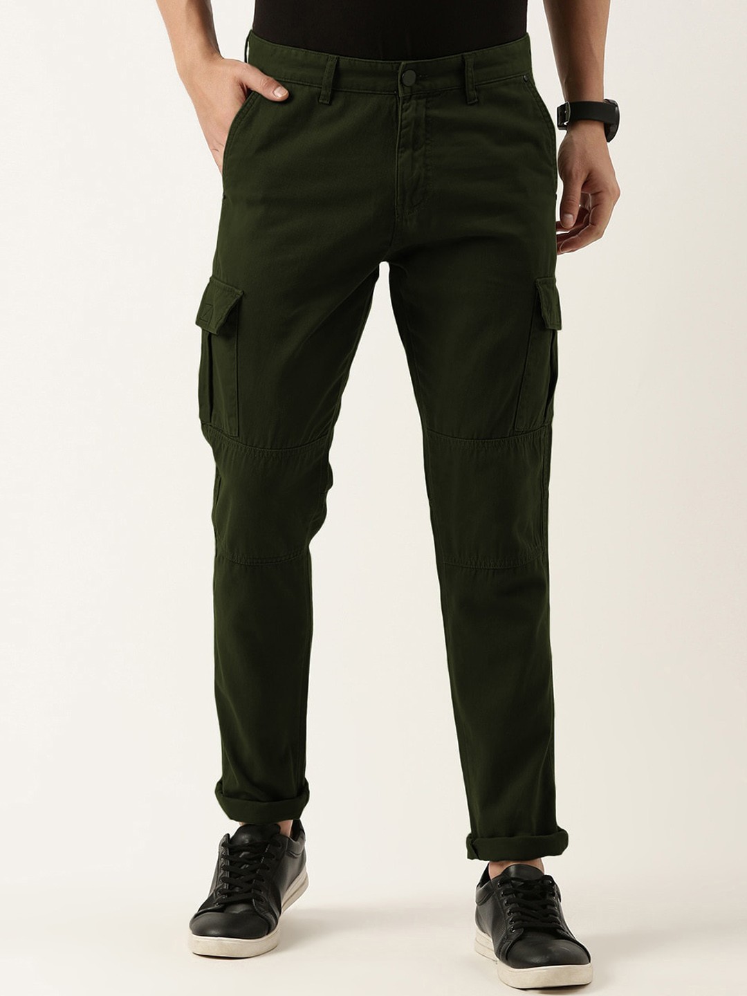 

IVOC Men Slim Fit Mid-Rise Pure Cotton Cargo Trousers, Green