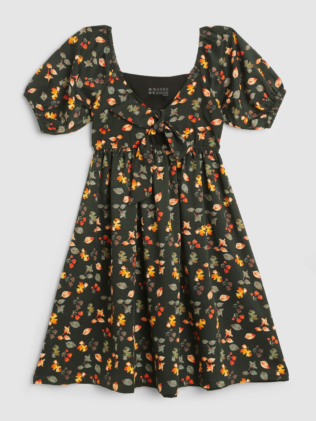 

HERE&NOW Girls Floral Printed Puff Sleeve Fit & Flare Dress, Green