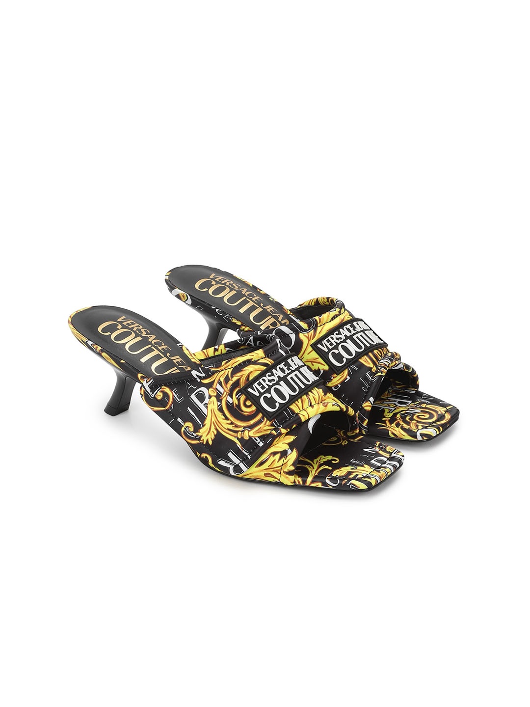 

Versace Jeans Couture Printed Leather Open Toe Kitten Sandals, Black