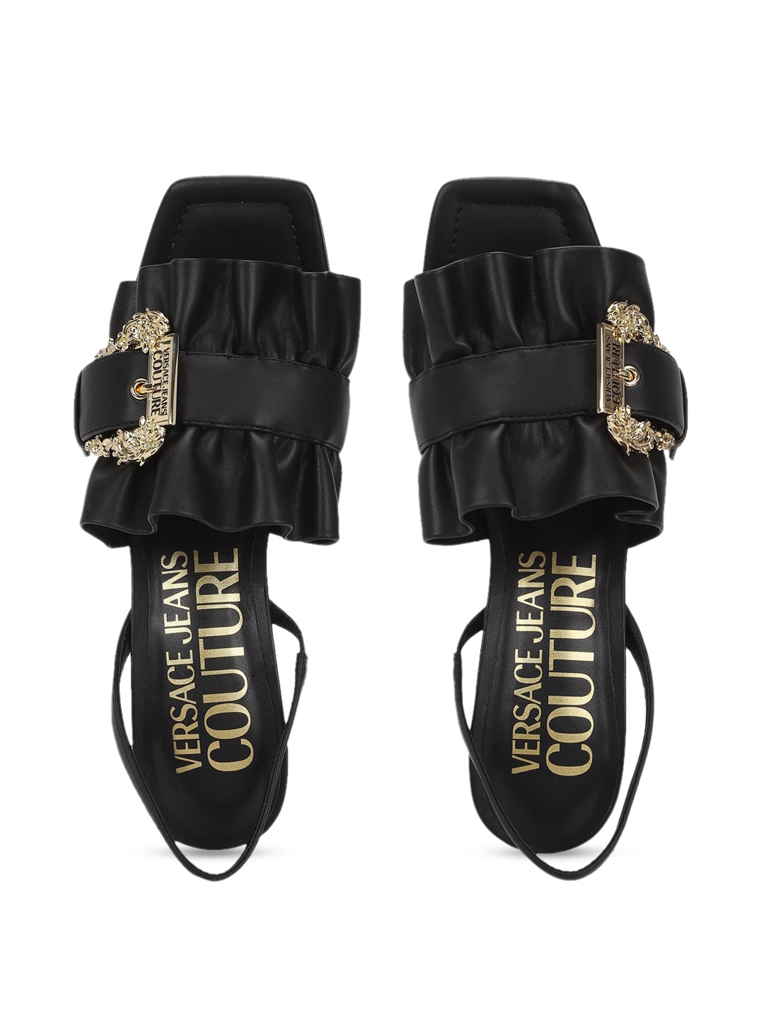 

Versace Jeans Couture Embellished Leather Kitten Sandals With Backstrap, Black