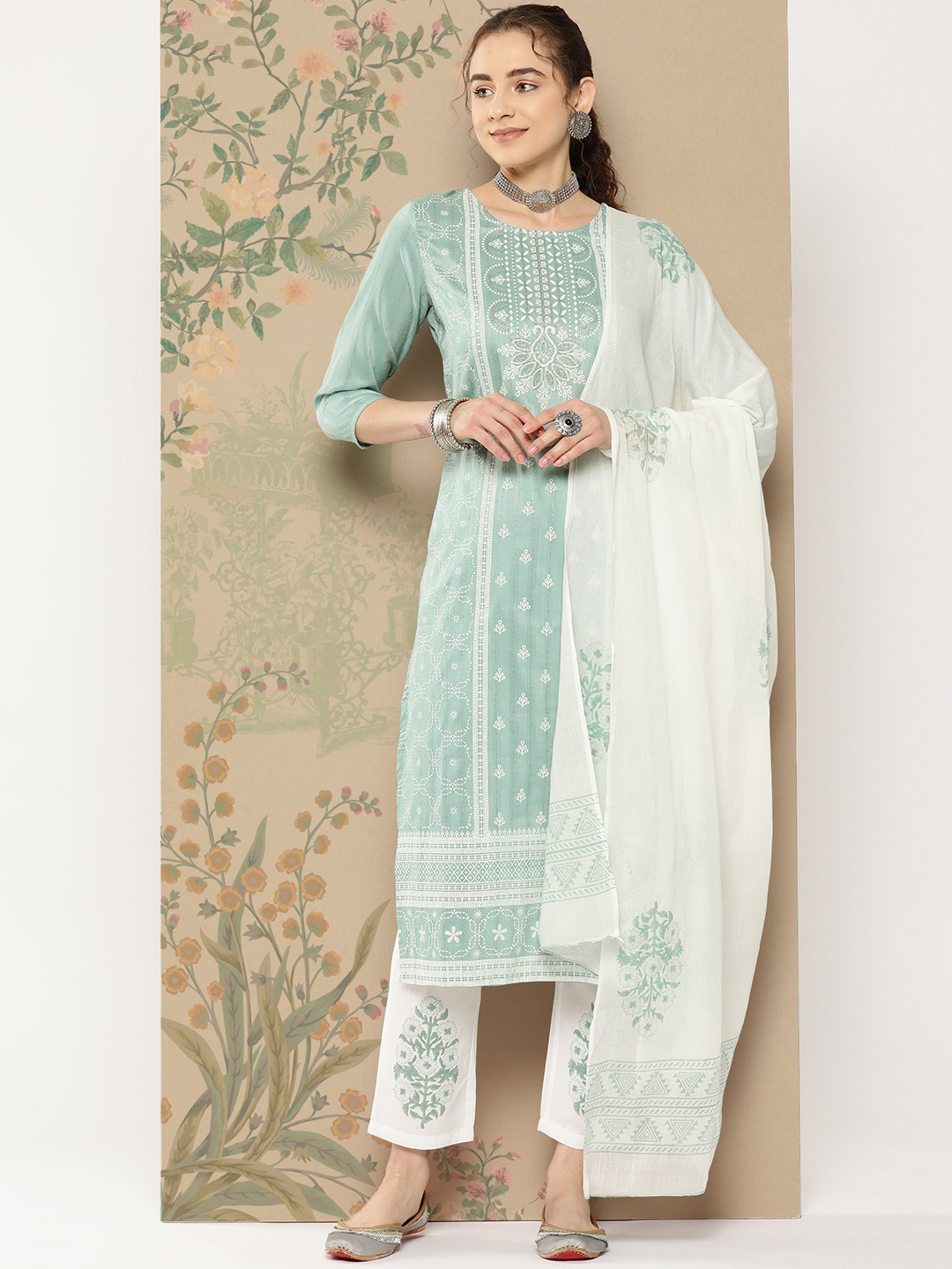 

Yufta Women Teal Ethnic Motifs Regular Thread Work Kurta with Trousers & With Dupatta