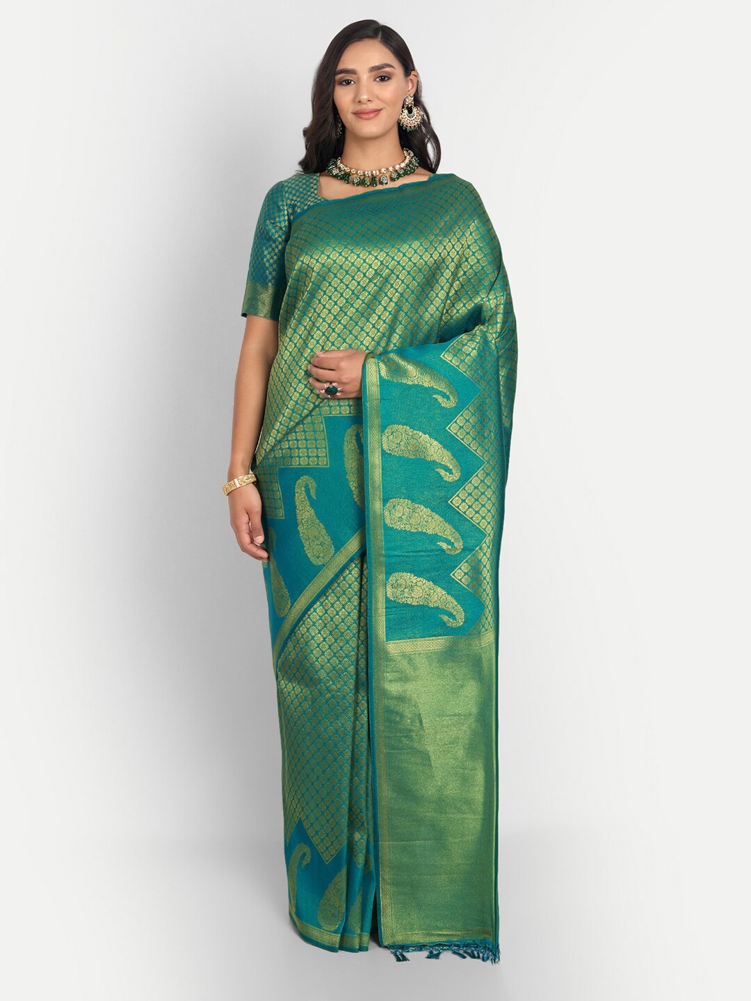 

Vardha Ethnic Motifs Woven Design Zari Kanjeevaram Saree, Teal