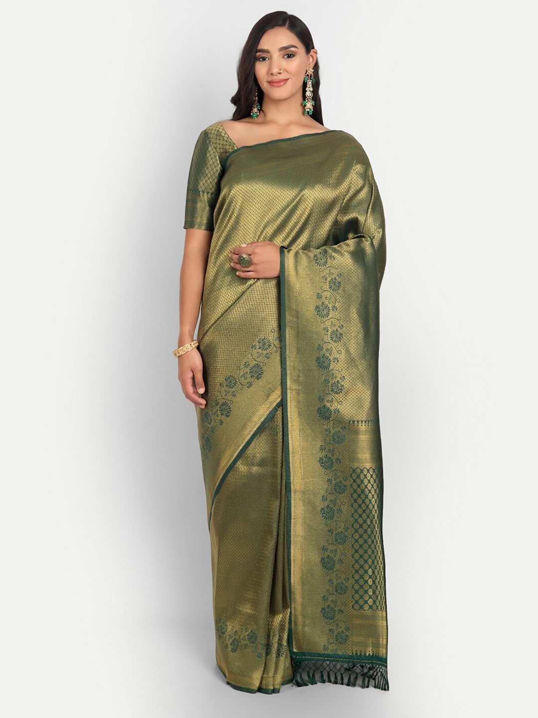 

Vardha Ethnic Motif Woven Design Zari Kanjeevaram Saree, Green