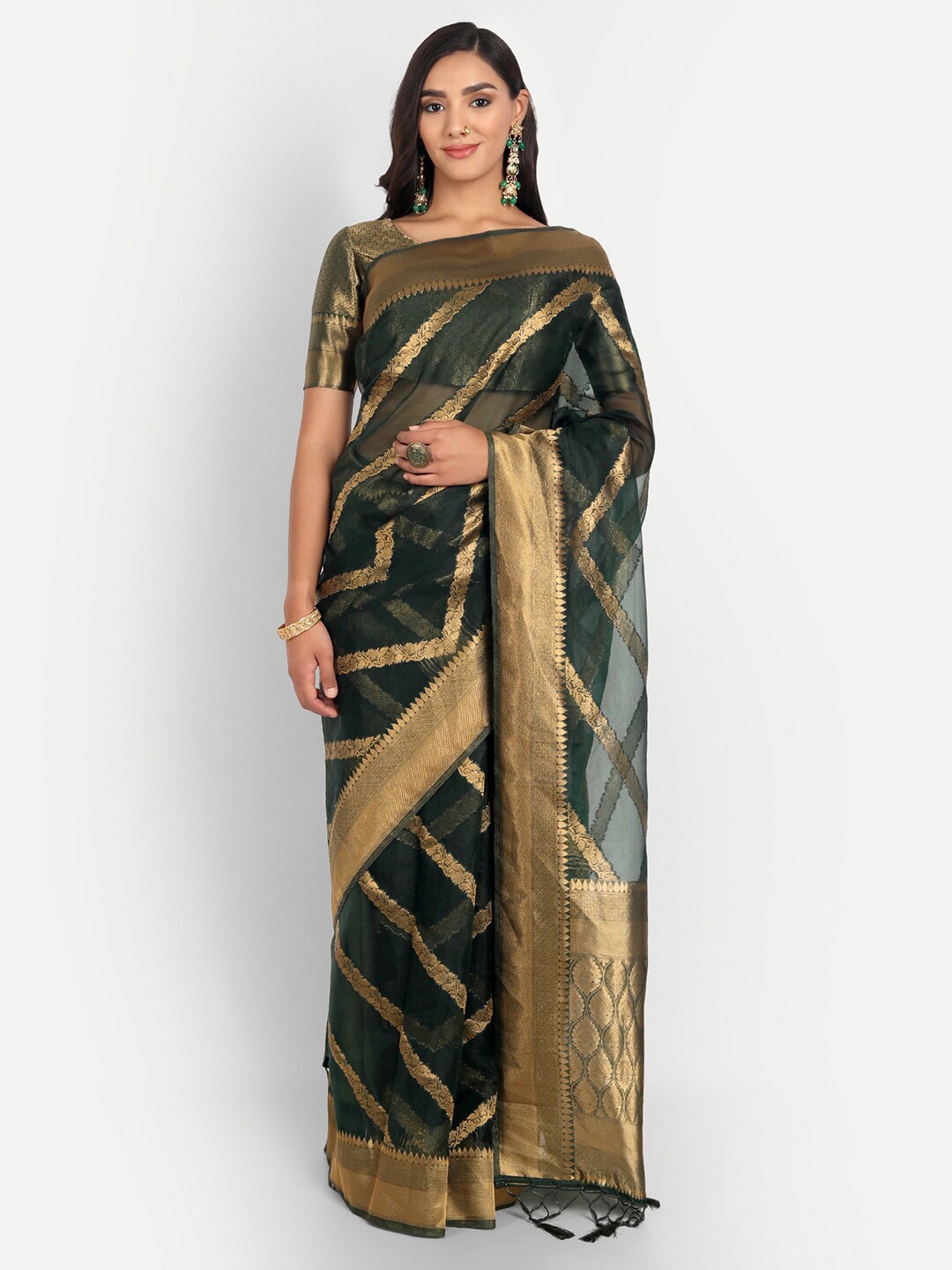 

Vardha Floral Motif Woven Design Zari Organza Banarasi Saree, Green