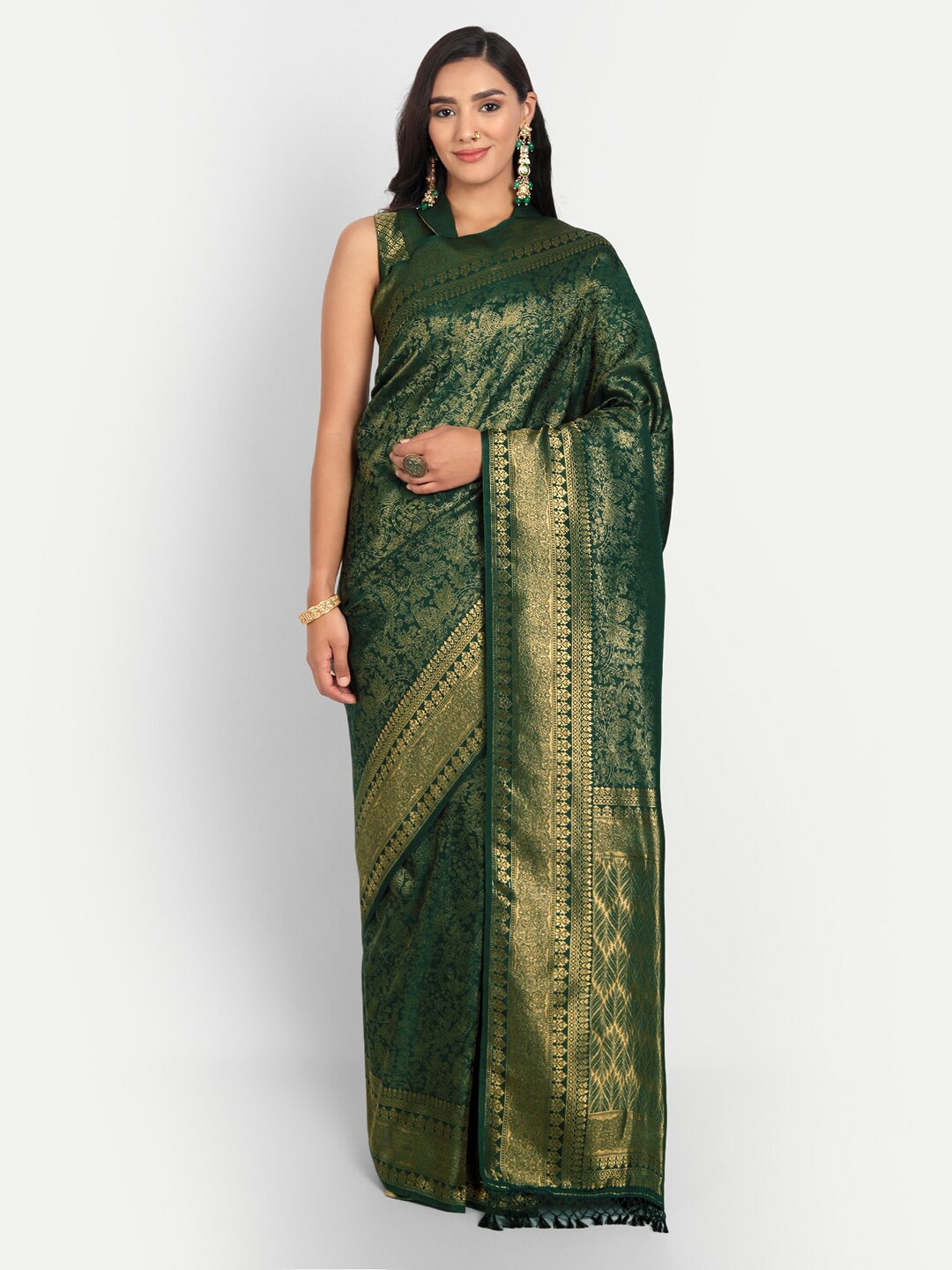 

Vardha Ethnic Motif Woven Design Zari Kanjeevaram Saree, Green