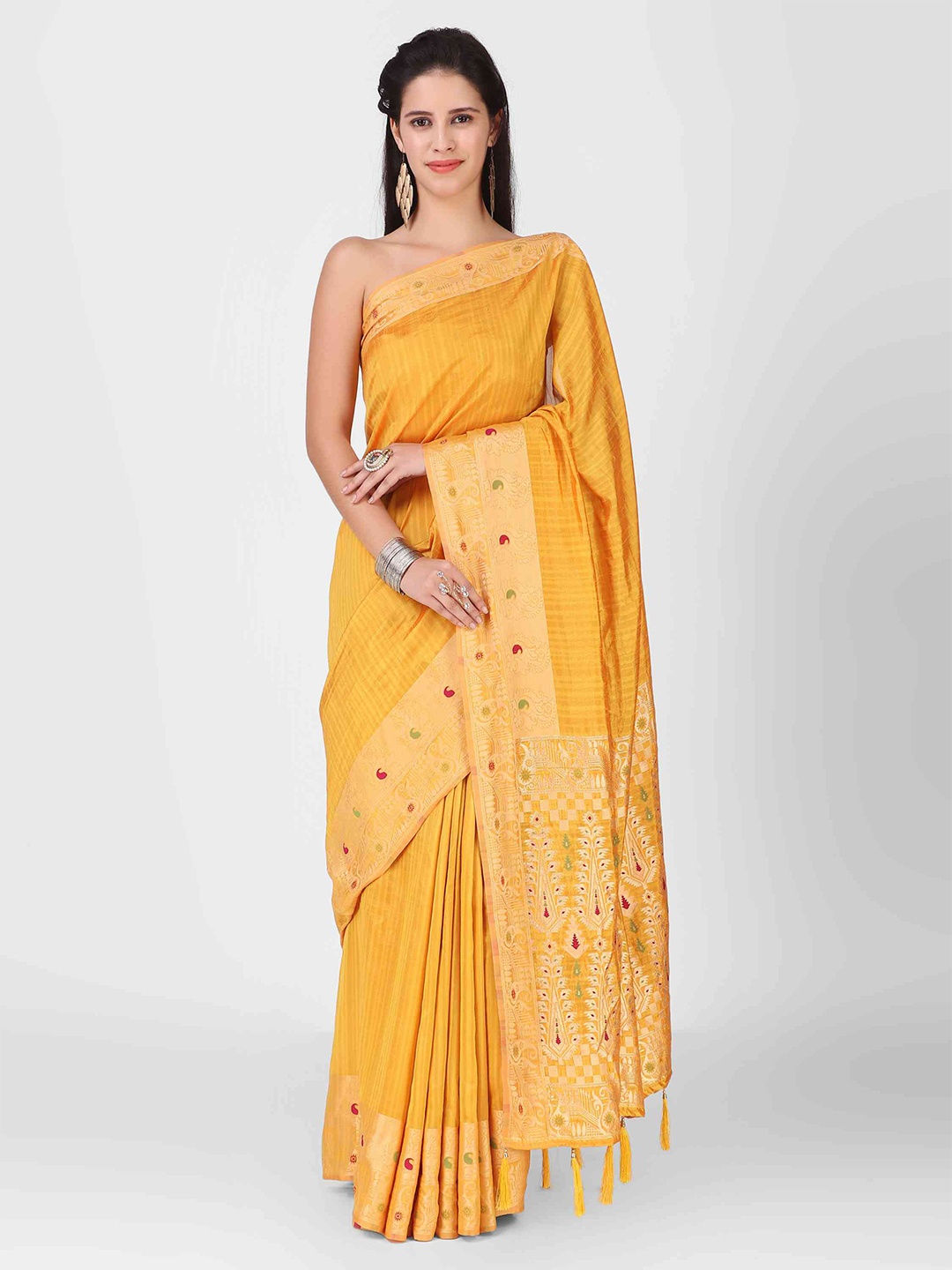 

elora Striped Art Silk Banarasi Saree, Mustard