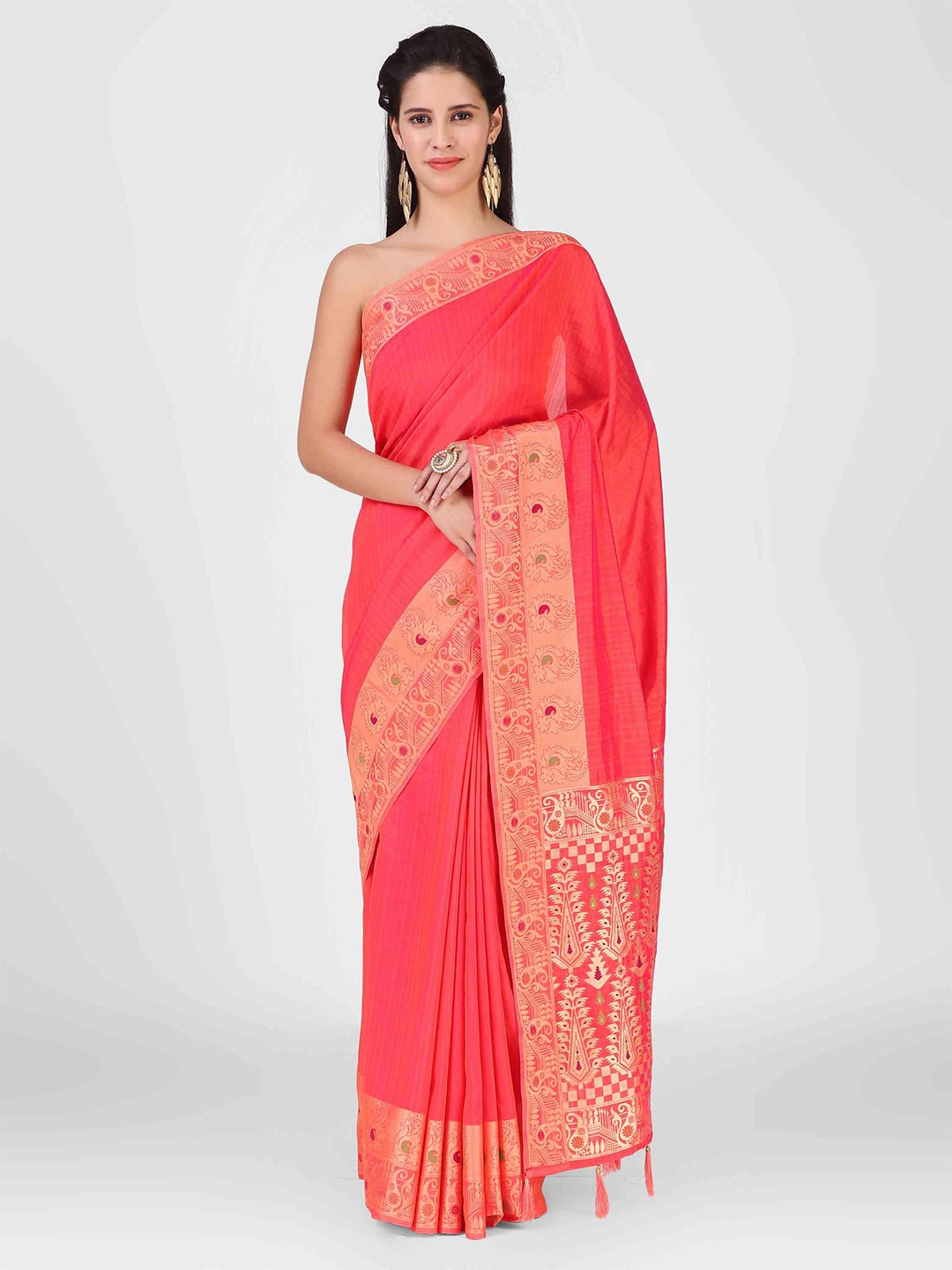 

elora Woven Design Border Zari Art Silk Banarasi Saree, Coral