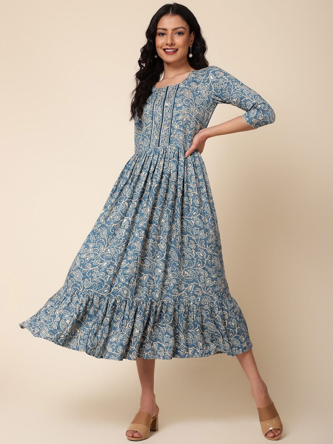 

Bani Women Floral Printed Cotton Fit & Flare Midi Dress, Blue