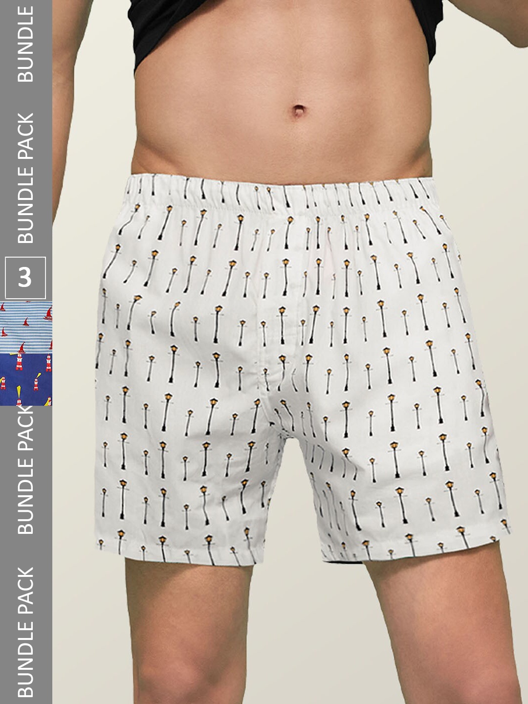 

XYXX Pack Of 3 Printed Anti-Microbial Super Remix IntelliEaze Combed Cotton Boxers, White