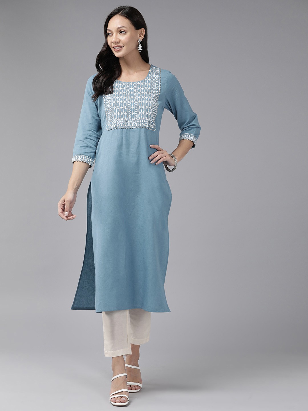 

Amirah s Yoke Design Sequinned Cotton Kurta, Blue