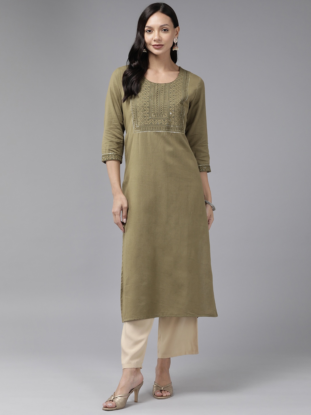 

Amirah s Yoke Design Sequinned Cotton Kurta, Olive