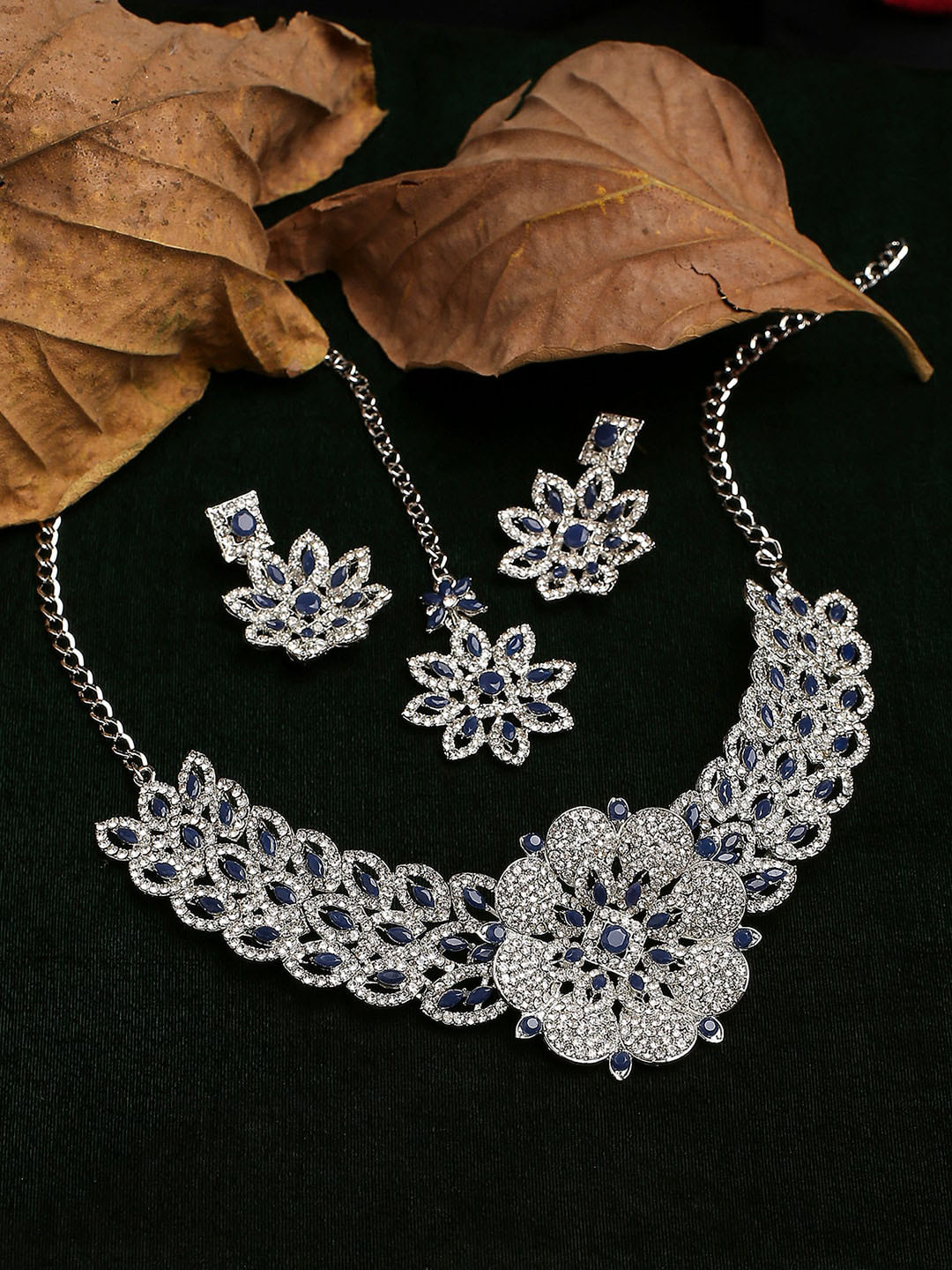 

VATSALYA creation Rhodium-Plated Stone-Studded & Beaded Jewellery Set, Silver