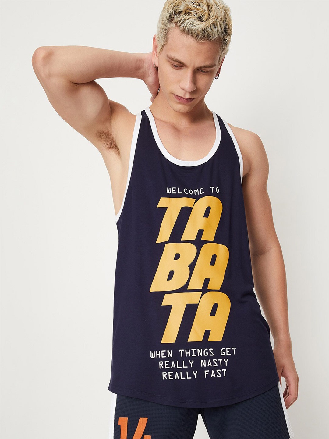 

max Typography Printed Sleeveless T-shirt, Navy blue