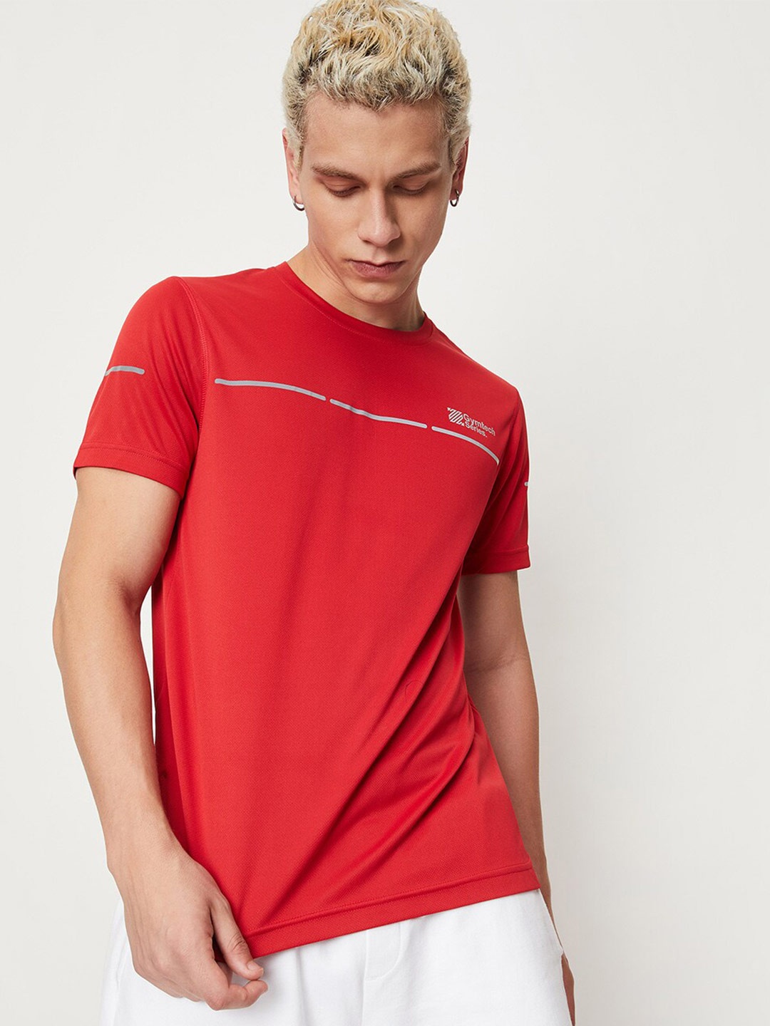 

max Geometric Printed Over-Lapped Hem Gym T-shirt, Red