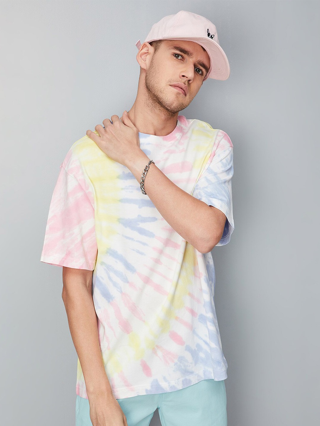 

max Tie & dye Drop Shoulder Sleeves Pure Cotton Loose T-shirt, White