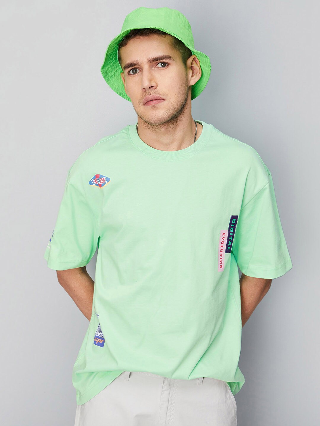 

max Typographic Printed Drop-Shoulder Sleeves Oversize Pure Cotton T-Shirt, Green