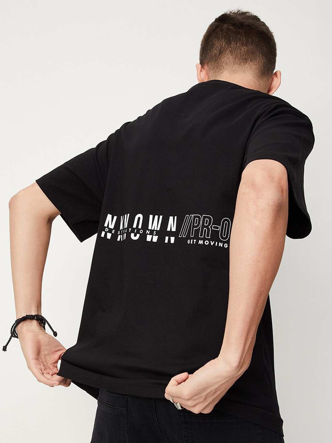 

max Typography Printed Round Neck Oversized Cotton T-shirt, Black