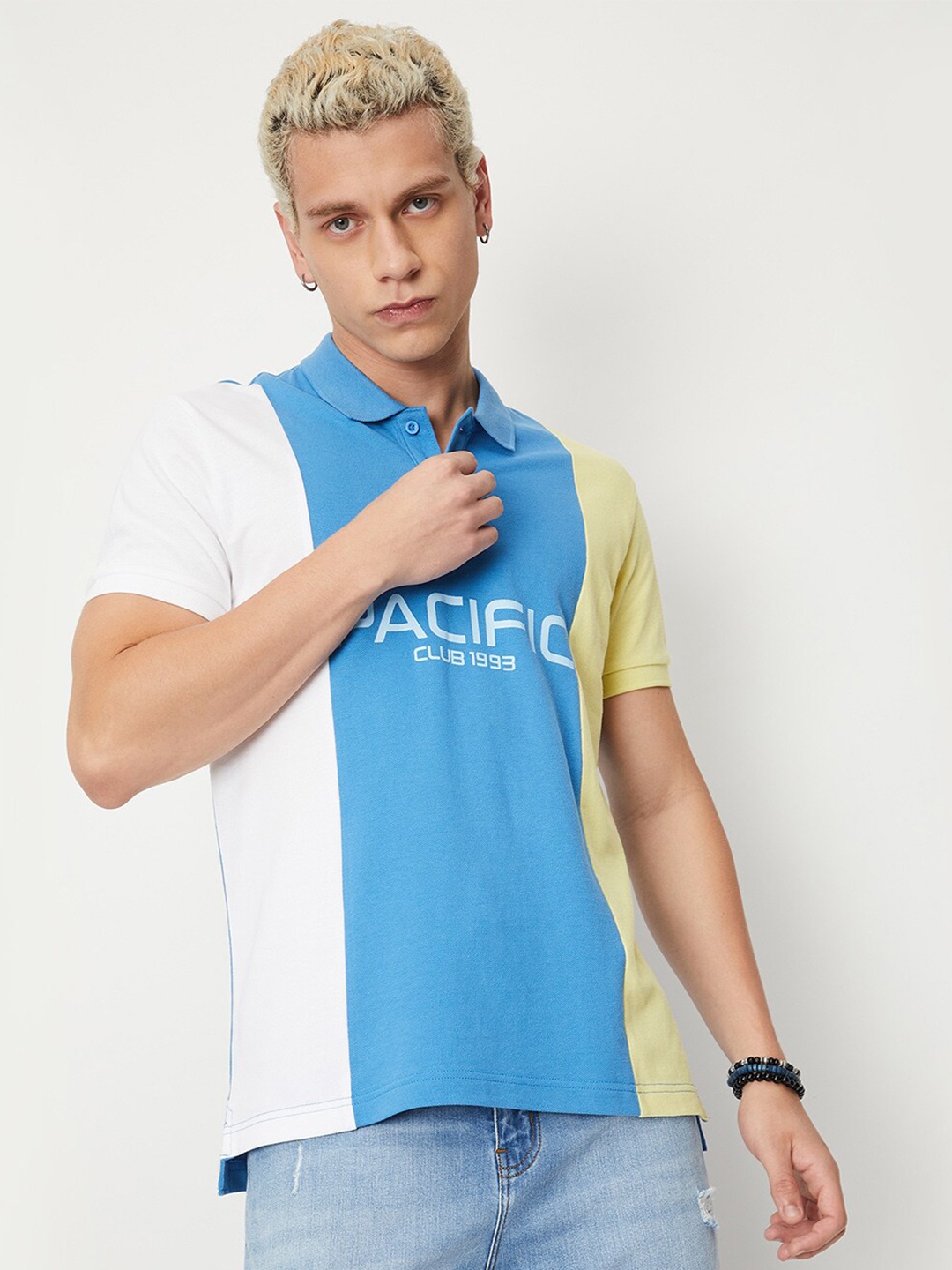 

max Typography Printed Pure Cotton Polo Collar T-shirt, Blue