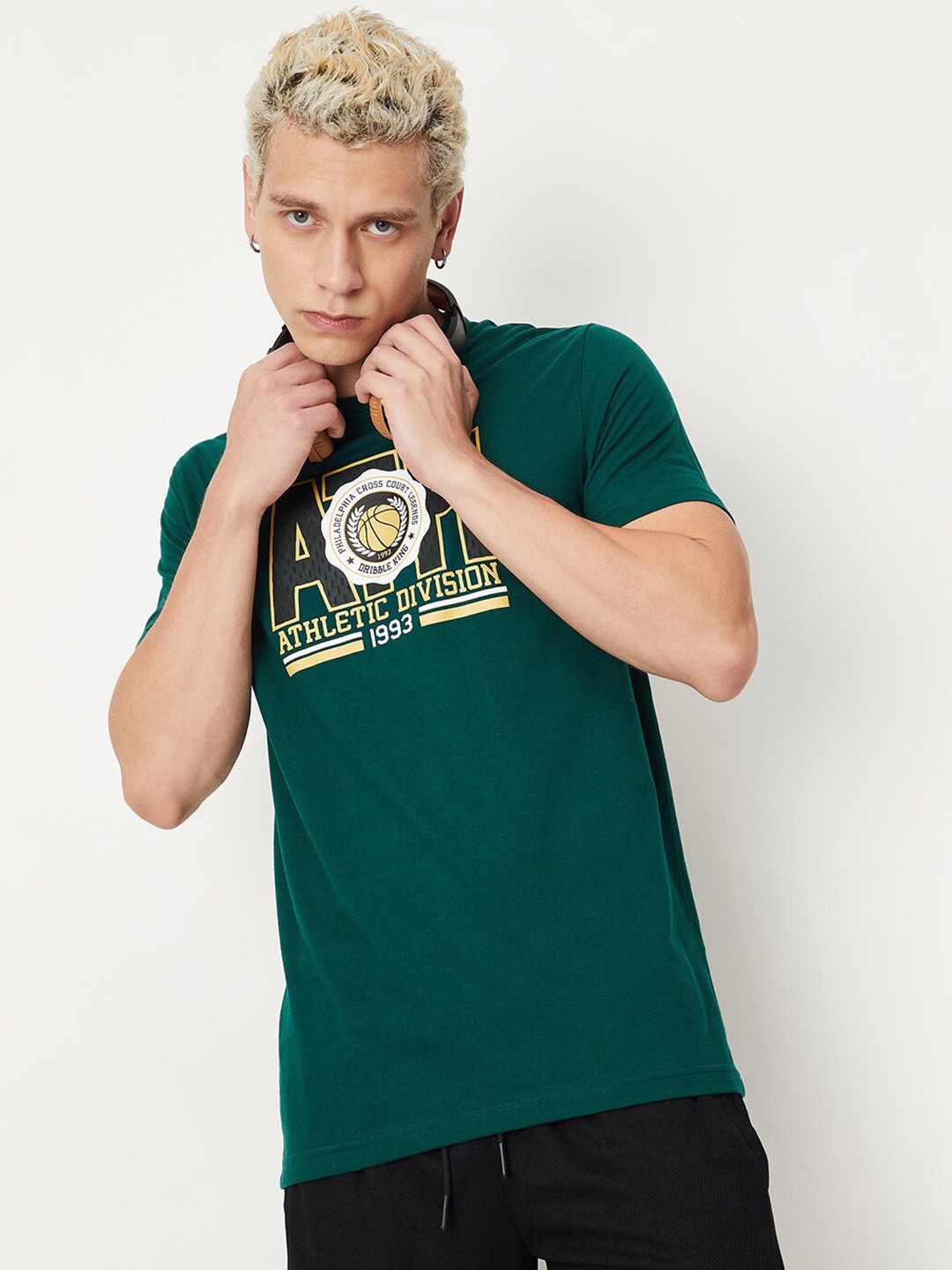 

max Typography Printed Cotton T-Shirt, Green