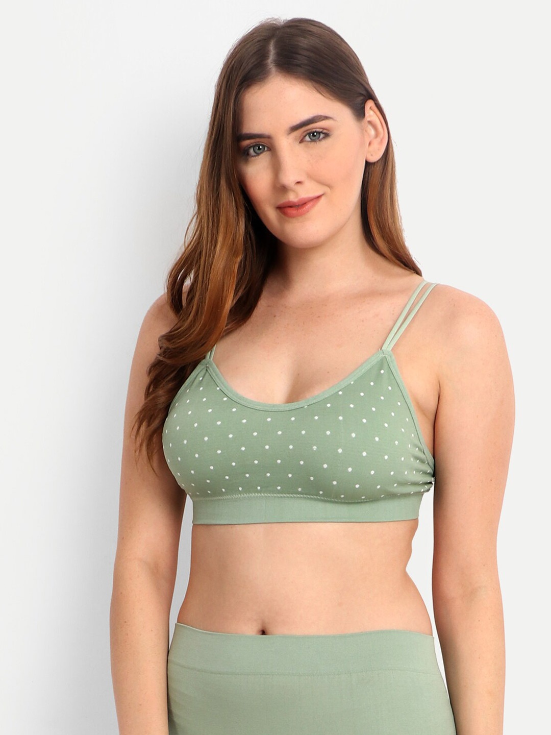 

INFINIUM Polka Dot Printed Lightly Padded Full Coverage Dry Fit Super Support Bra, Green