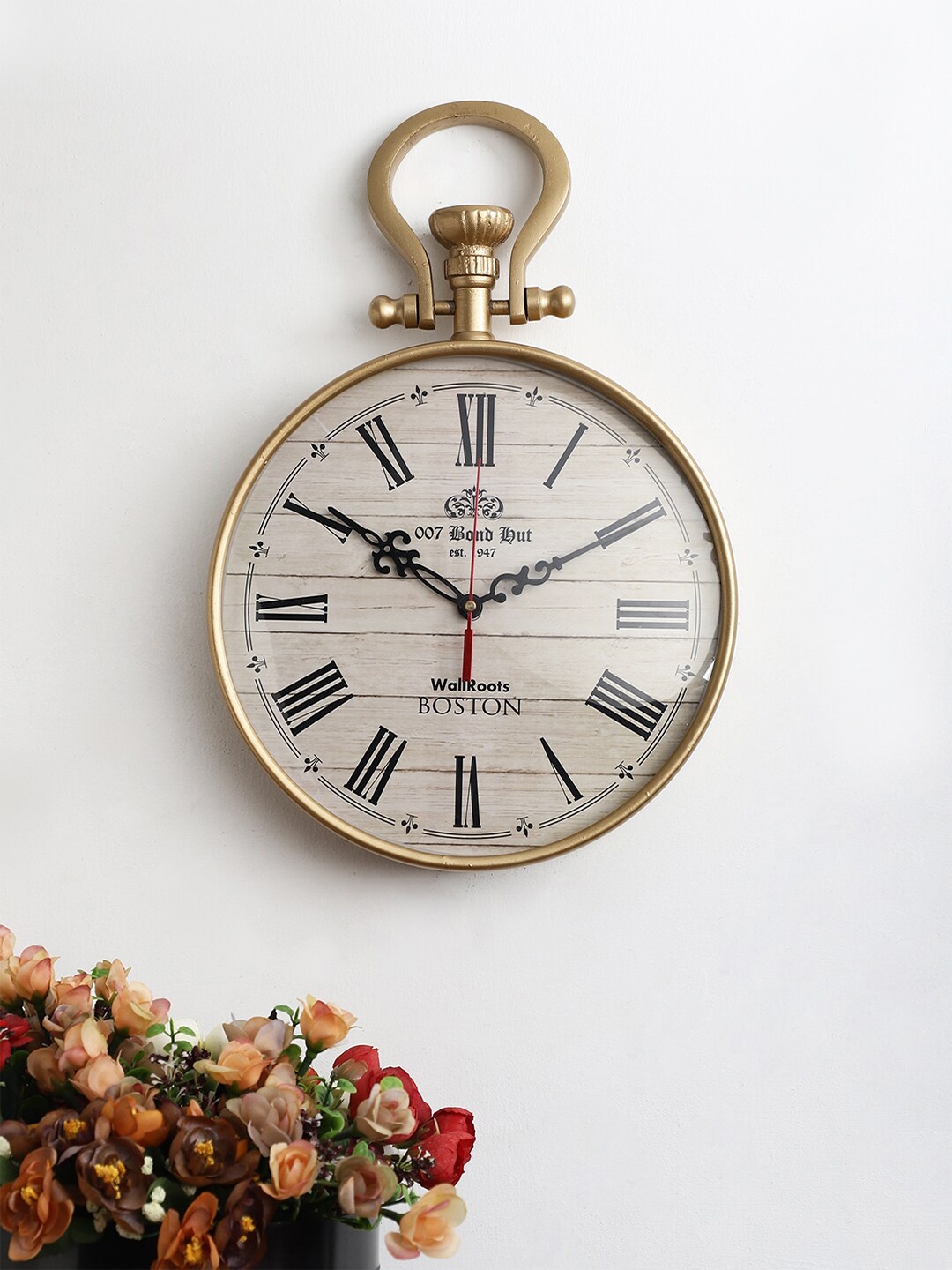 

EXIM DECOR Boston Beige & Gold-Toned Analogue Wall Roots Vintage Wall Clock