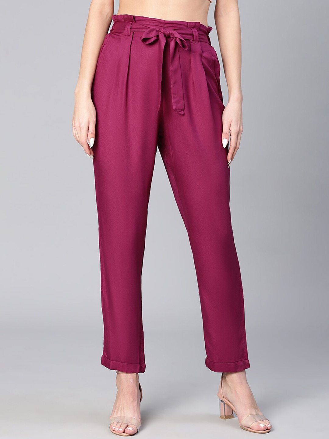 

Oxolloxo Women Maroon Tailored Tapered Fit Pleated Plain Peg Trousers