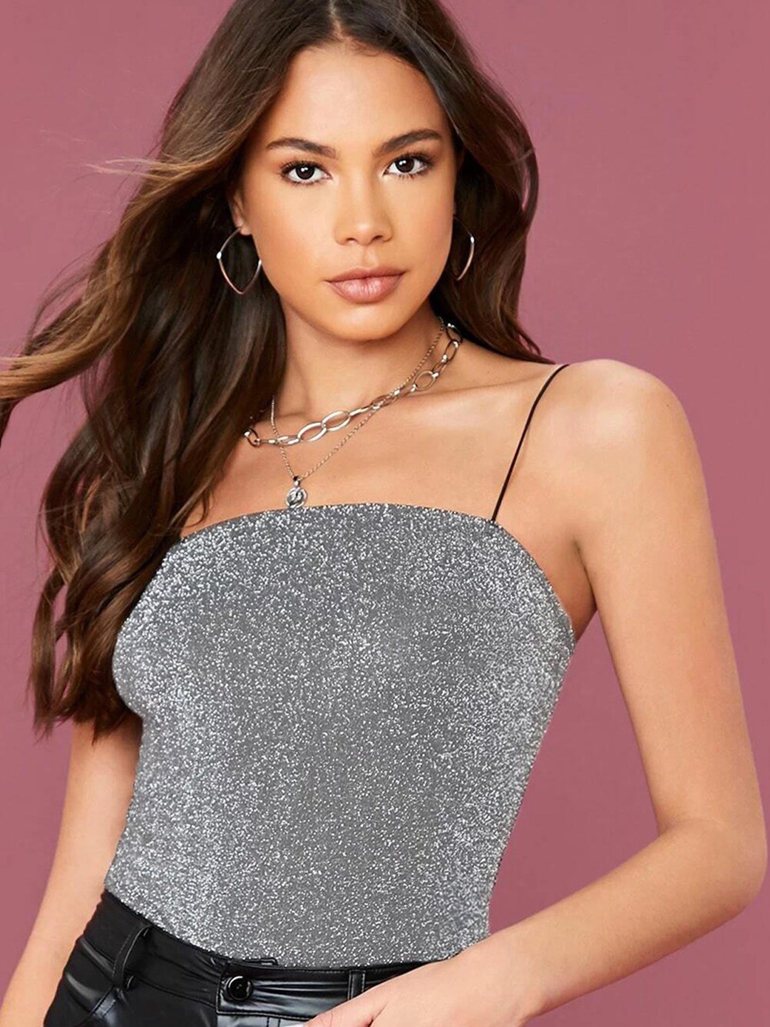 

Kotty Sequined Embellished Shoulder Straps Top, Grey