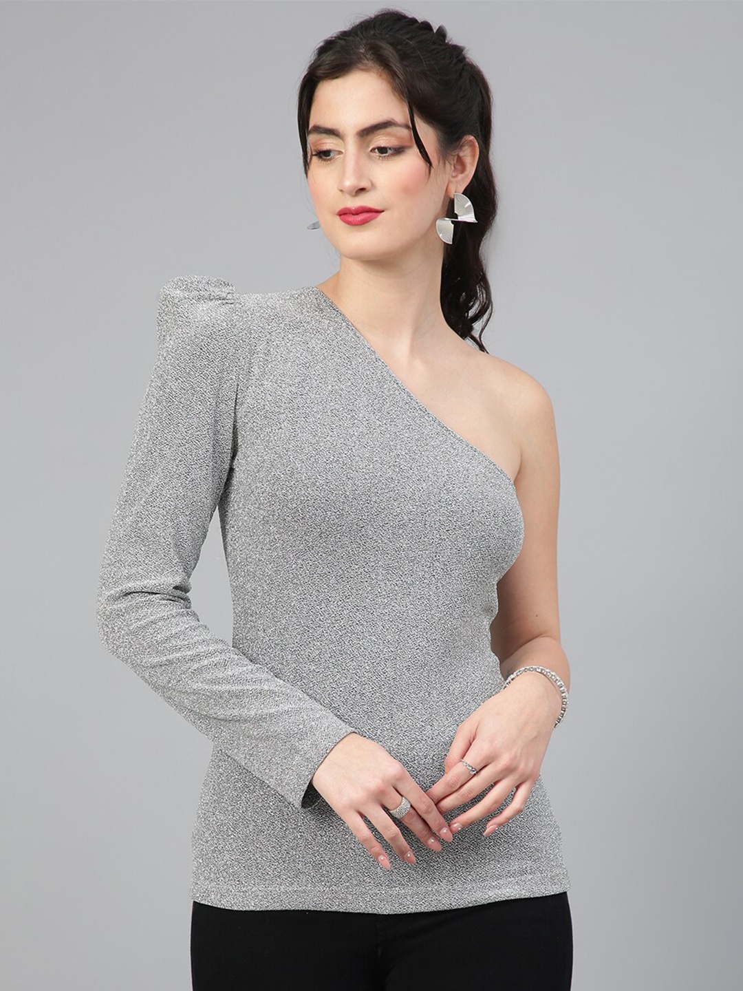 

Kotty One Shoulder Puffed Sleeve Party Top, Silver