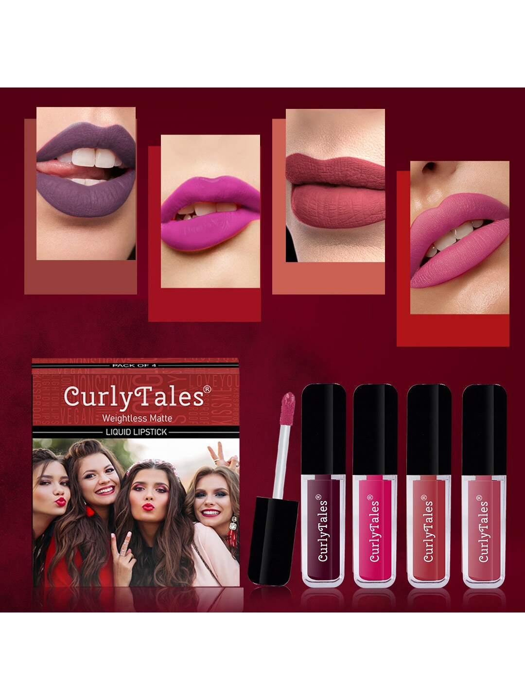 

CurlyTales Set of 4 Weightless Matte Liquid Lipsticks 3ml Each - Shade 15 + 05 + 06 + 10, Pink