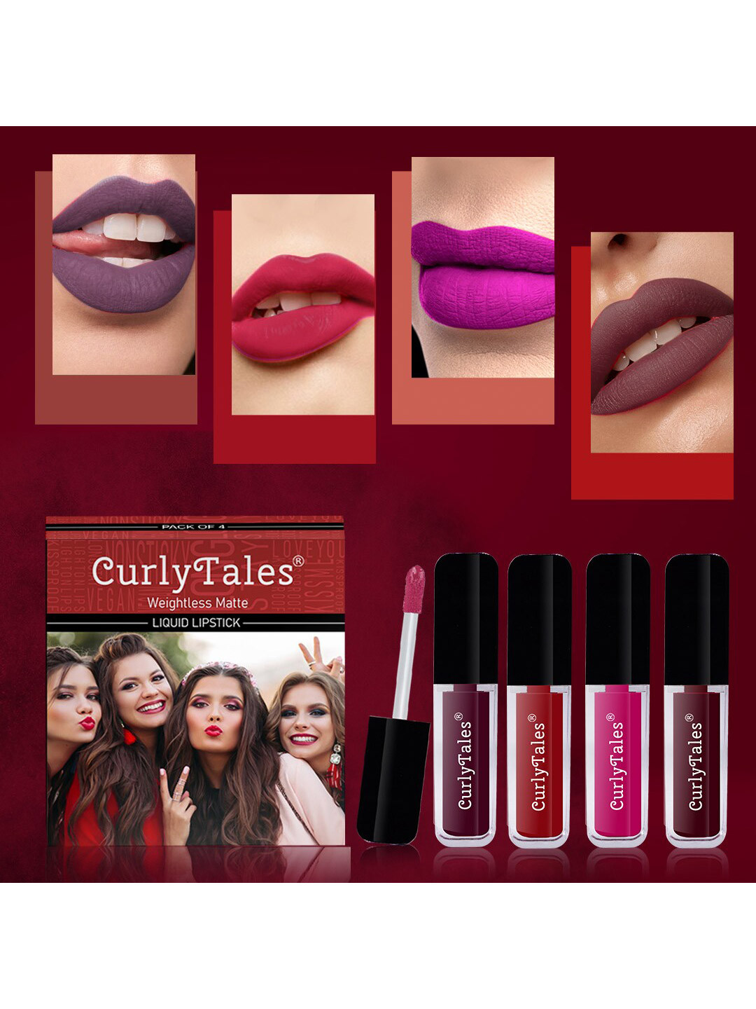

CurlyTales Set of 4 Weightless Matte Liquid Lipsticks 3ml Each - Shade 15 + 03 + 04 + 13, Purple