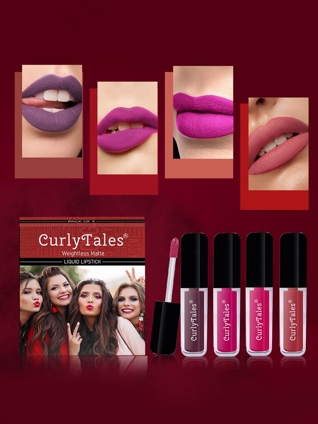 

CurlyTales Set of 4 Weightless Matte Liquid Lipsticks 3ml Each - Shade 01 + 04 + 05 + 06, Pink