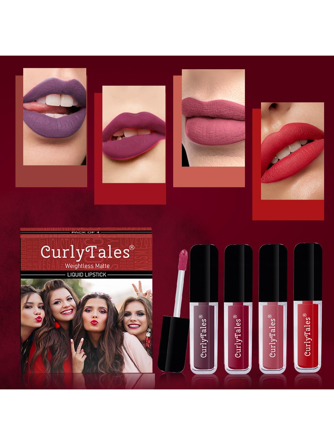 

CurlyTales Set of 4 Weightless Matte Liquid Lipsticks 3ml Each - Shade 01 + 07 + 08 + 11, Pink