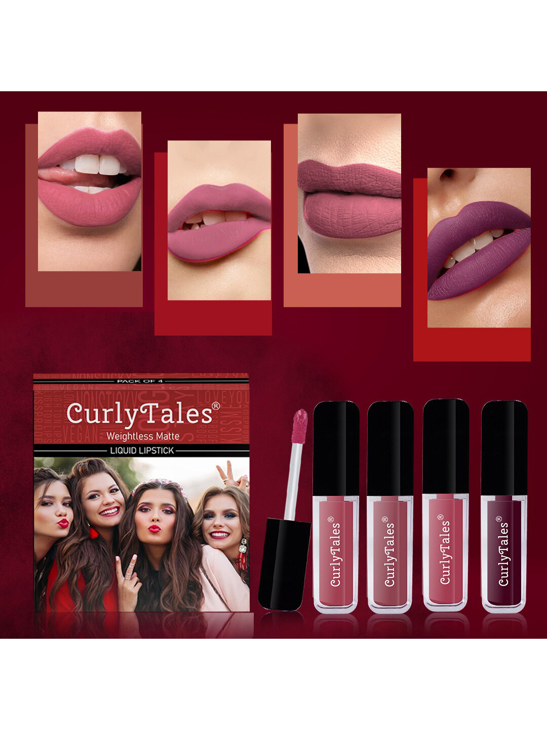 

CurlyTales Set of 4 Weightless Matte Liquid Lipsticks 3ml Each - Shade 08 + 09 + 10 + 15, Pink