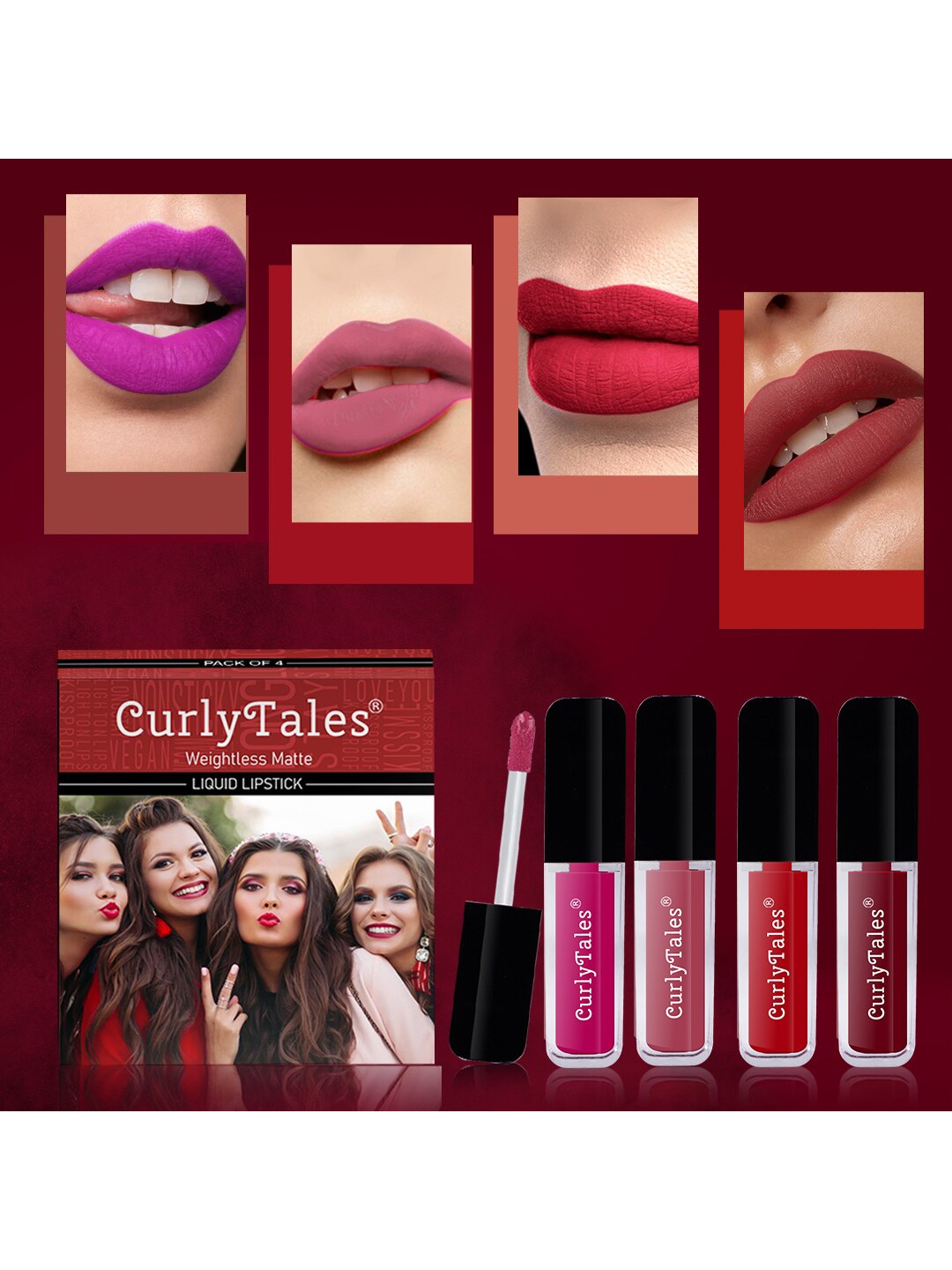 

CurlyTales Set of 4 Weightless Matte Long Lasting Liquid Lipsticks - 4 ml each, Multi