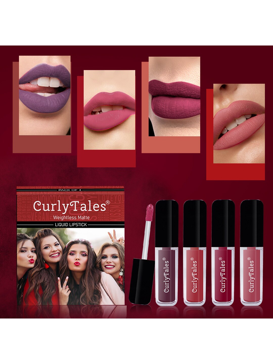 

CurlyTales Set of 4 Weightless Matte Liquid Lipsticks 3ml Each - Shade 01 + 06 + 07 + 08, Pink