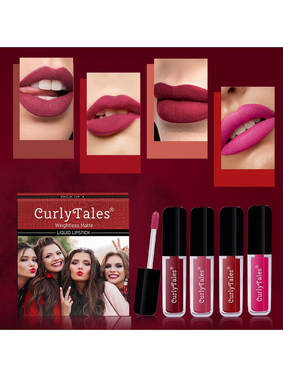 

CurlyTales Set of 4 Weightless Matte Liquid Lipsticks 3ml Each - Shade 14 + 02 + 03 + 05, Pink