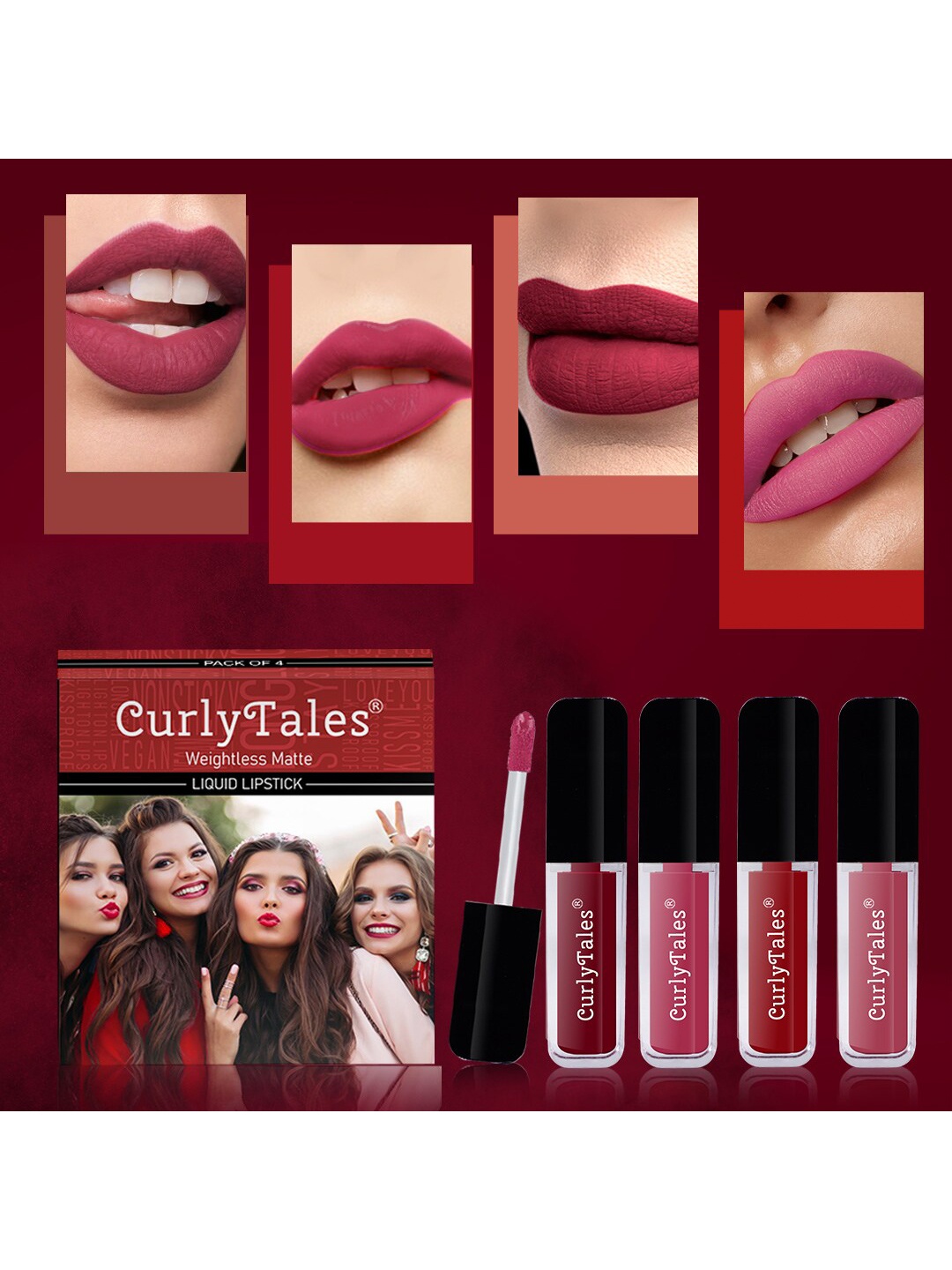 

CurlyTales Set of 4 Weightless Matte Liquid Lipsticks 3 ml Each - Shade 14, 02, 03, 10, Pink