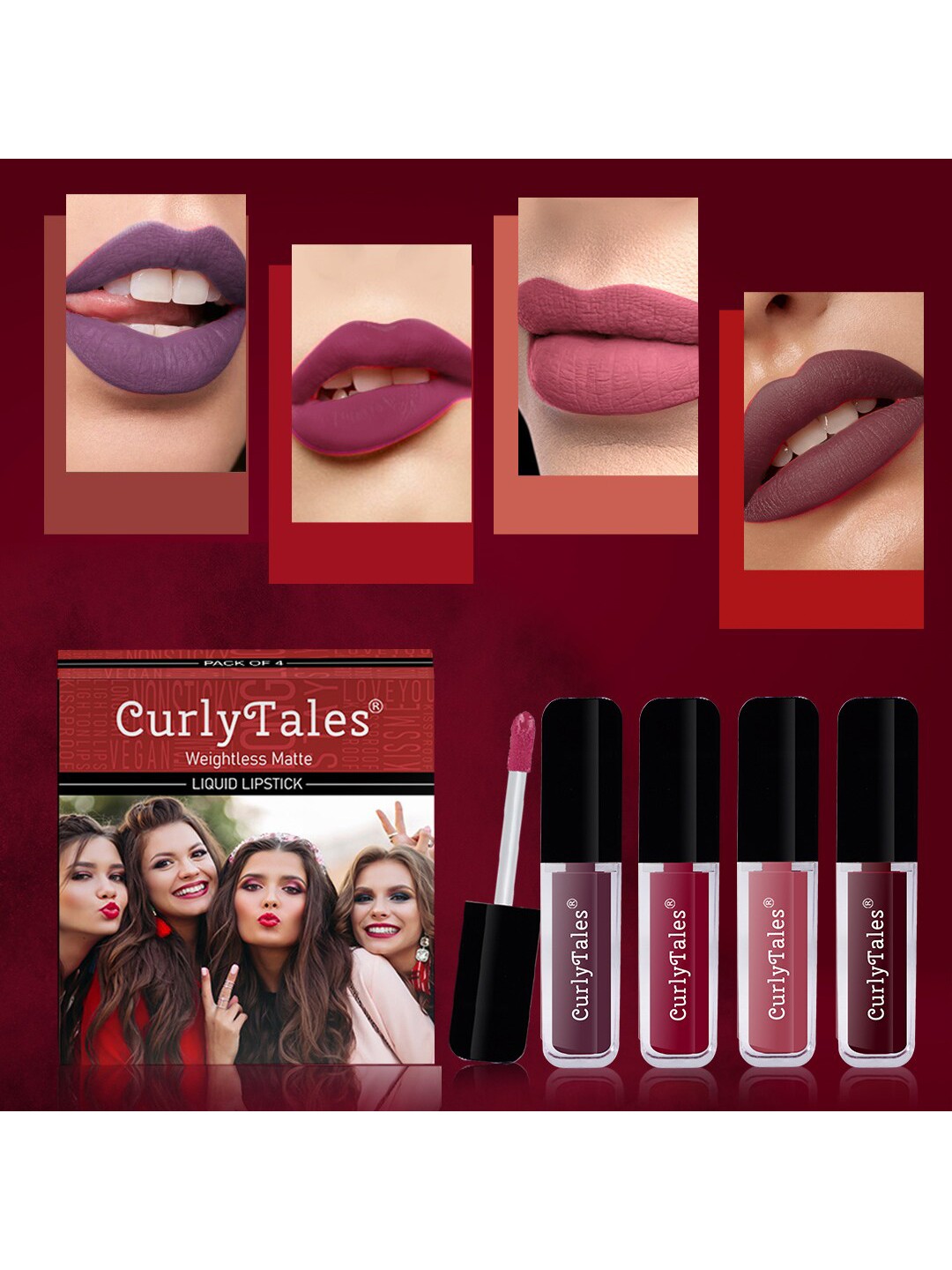 

CurlyTales Set of 4 Weightless Matte Liquid Lipsticks 3 ml Each - Shade 01, 07, 08, 13, Purple