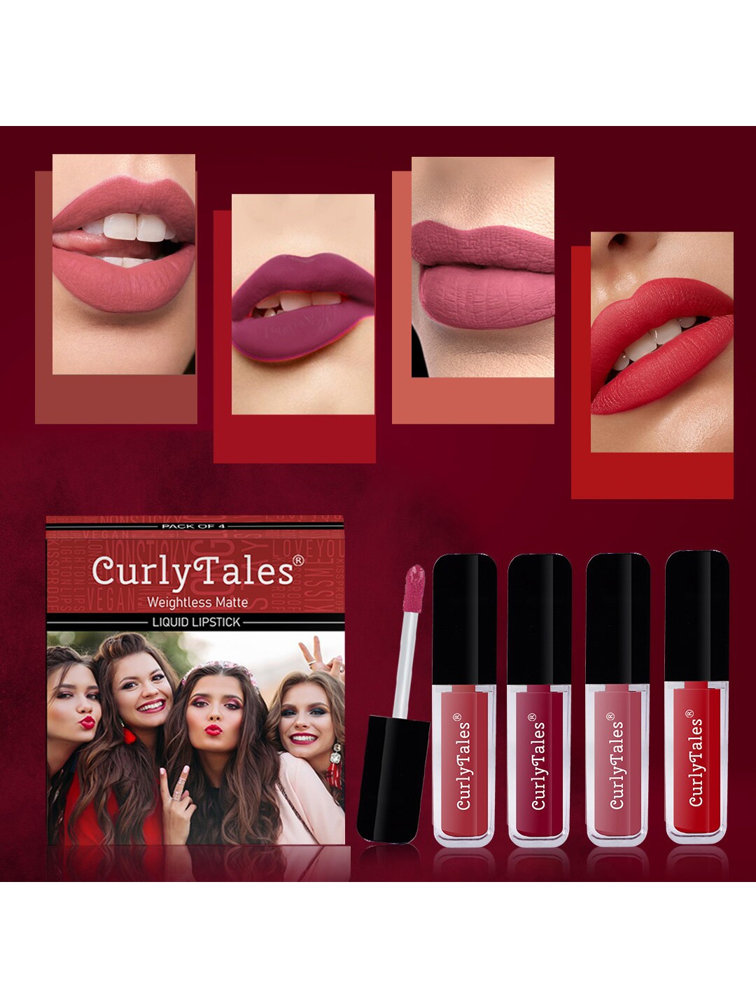 

CurlyTales Set of 4 Weightless Matte Liquid Lipsticks 3ml Each - Shade 06 + 07 + 08 + 11, Purple