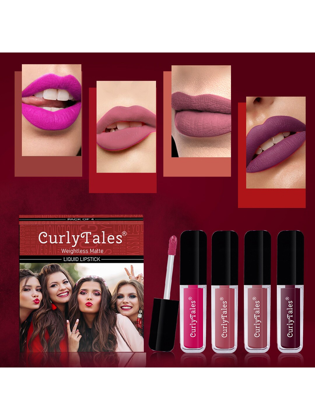 

CurlyTales Set of 4 Weightless Matte Liquid Lipsticks 3 ml Each - Shade 05, 08, 09, 15, Pink