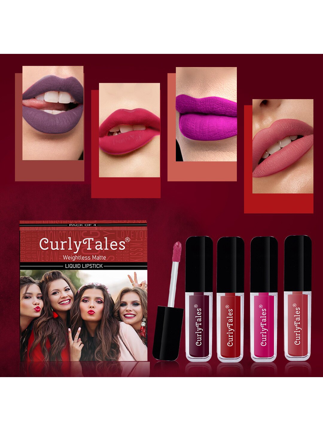 

CurlyTales Set of 4 Weightless Matte Liquid Lipsticks 3ml Each - Shade 15 + 03 + 04 + 06, Purple