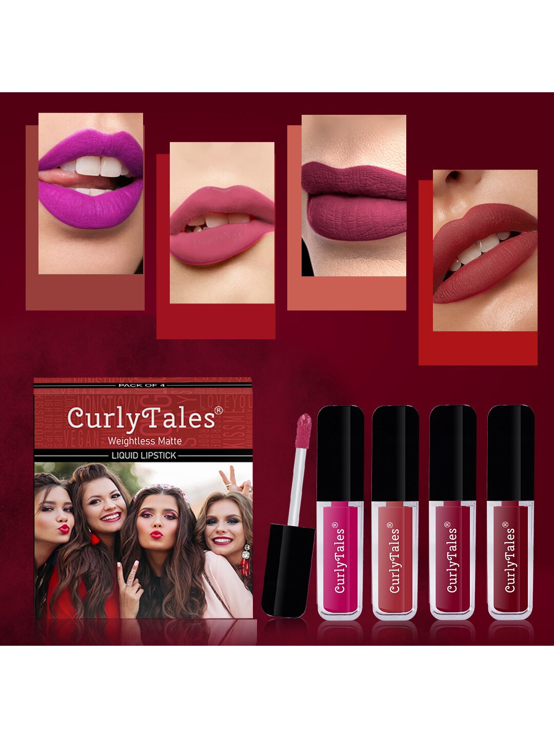 

CurlyTales Set of 4 Weightless Matte Liquid Lipsticks 3ml Each - Shade 04 + 06 + 07 + 14, Purple