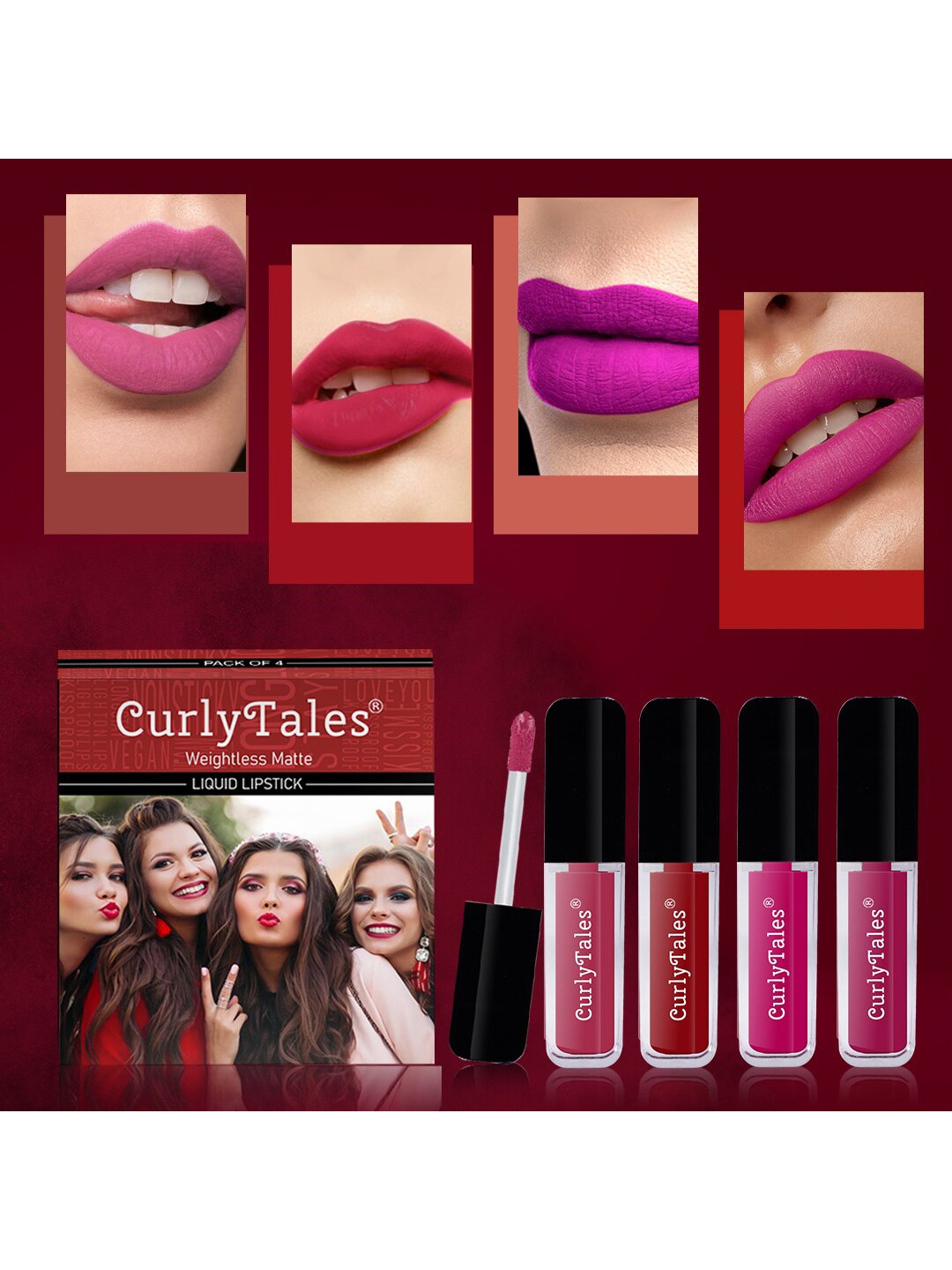 

CurlyTales Set of 4 Weightless Matte Liquid Lipsticks 3ml Each - Shade 02 + 03 + 04 + 12, Pink