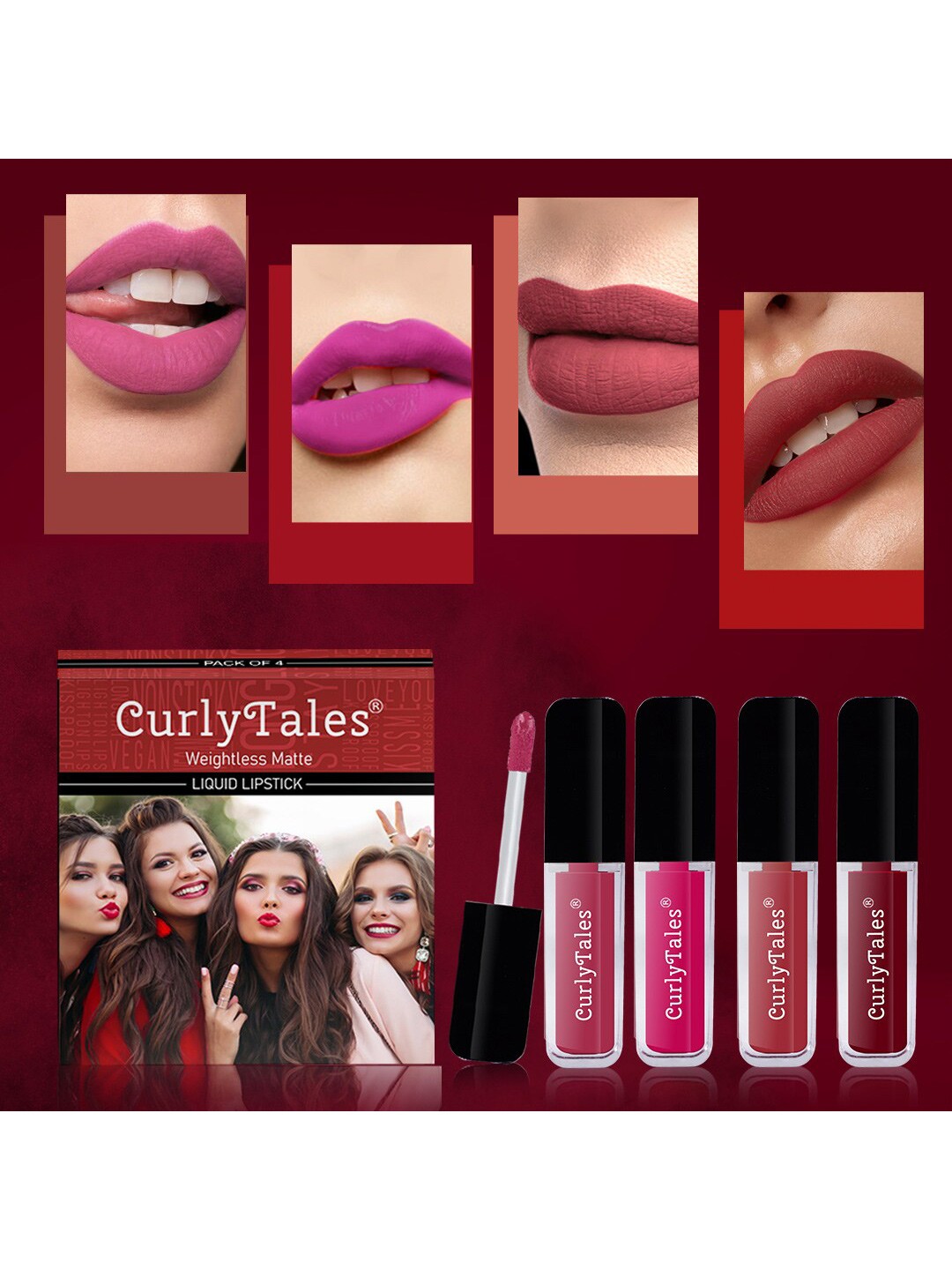 

CurlyTales Set of 4 Weightless Matte Long Lasting Liquid Lipsticks - 4 ml each, Multi