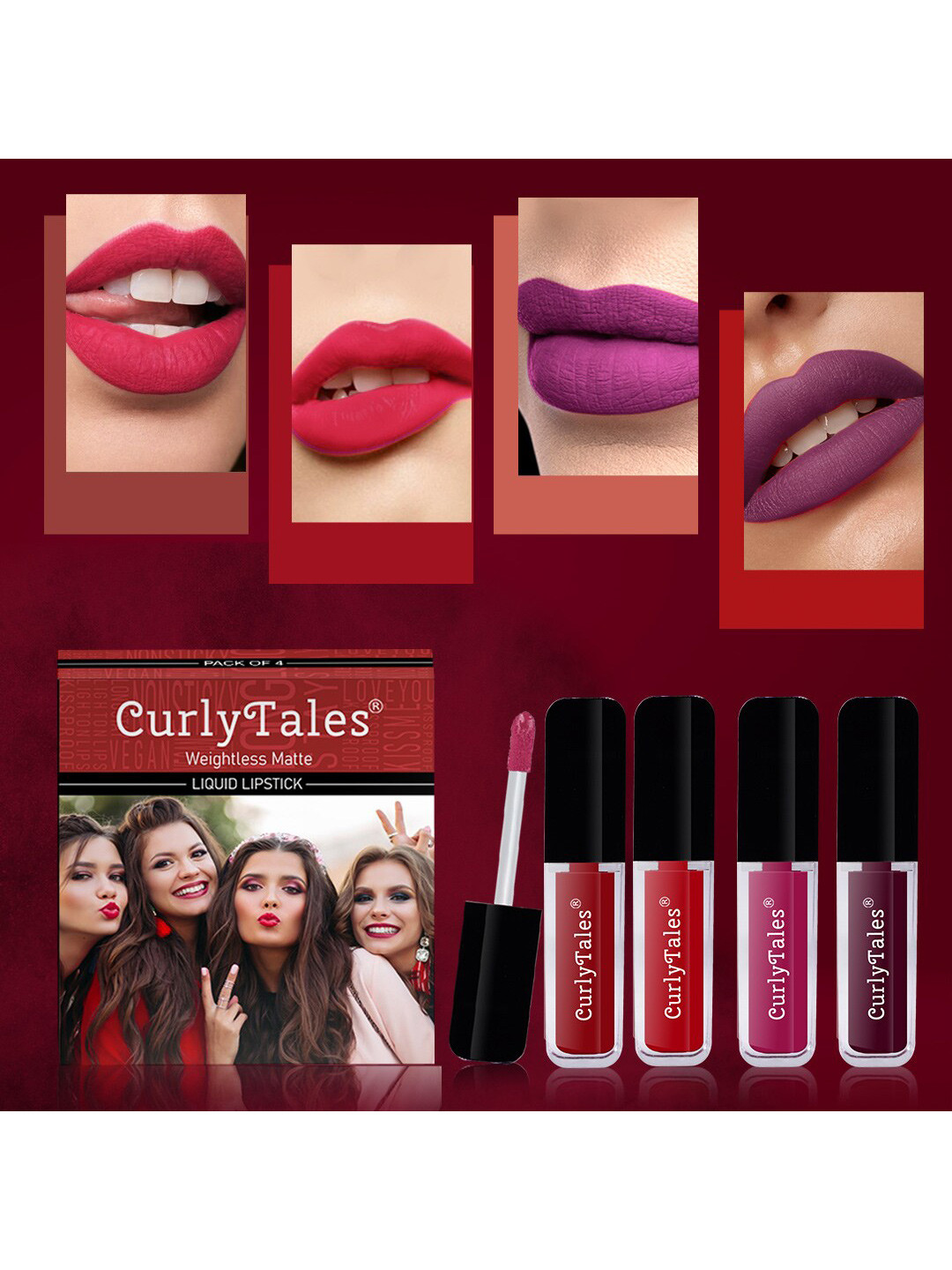 

CurlyTales Set of 4 Weightless Matte Liquid Lipsticks 3ml Each - Shade 03 + 11 + 12 + 15, Red