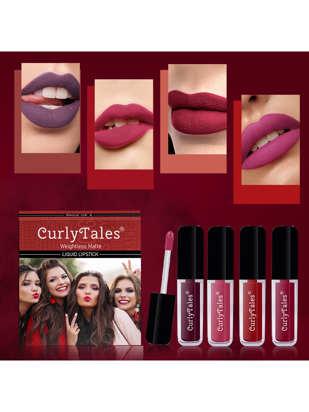 

CurlyTales Set of 4 Weightless Matte Liquid Lipsticks 3ml Each - Shade 15 + 02 + 03 + 07, Pink