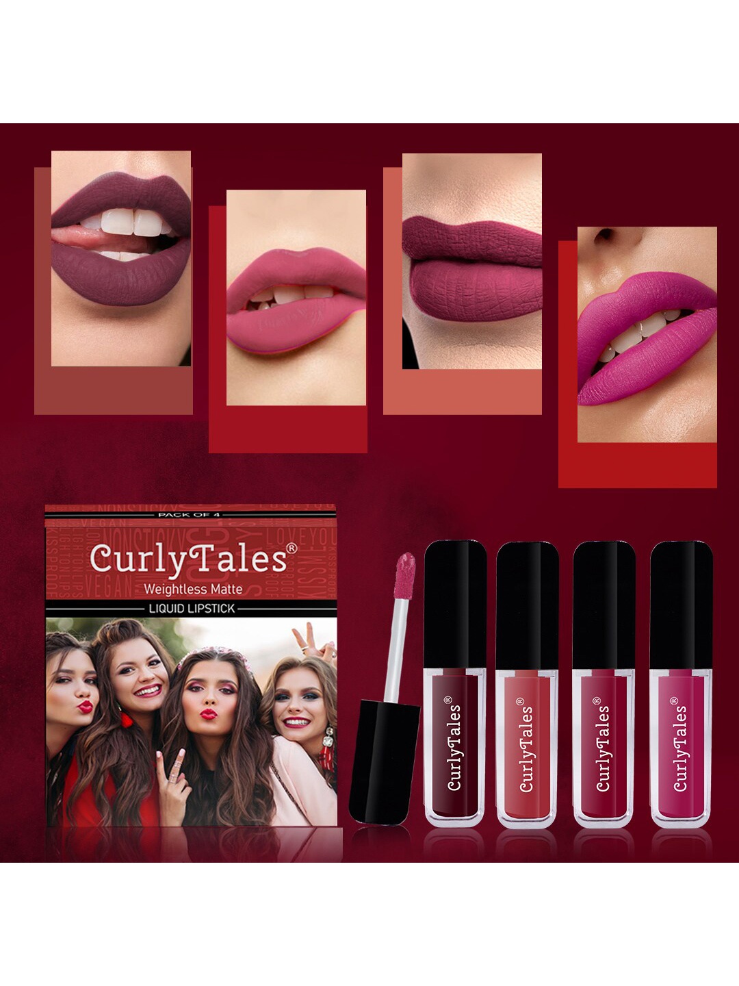 

CurlyTales Set of 4 Weightless Matte Liquid Lipsticks - 4 ml each, Purple