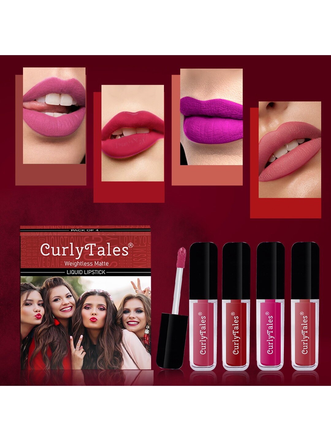 

CurlyTales Set of 4 Weightless Matte Liquid Lipsticks 3ml Each - Shade 02 + 03 + 04 + 06, Pink